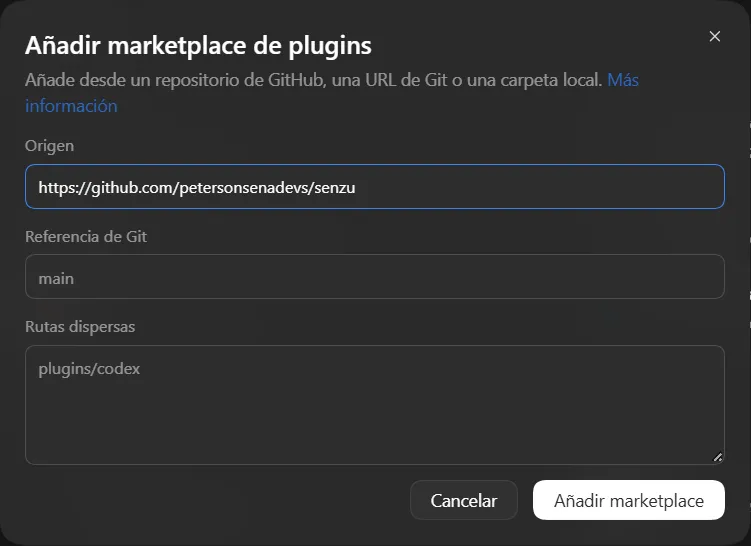 Diálogo «Añadir marketplace de plugins» de Codex con la URL del repositorio de Senzu en Origen